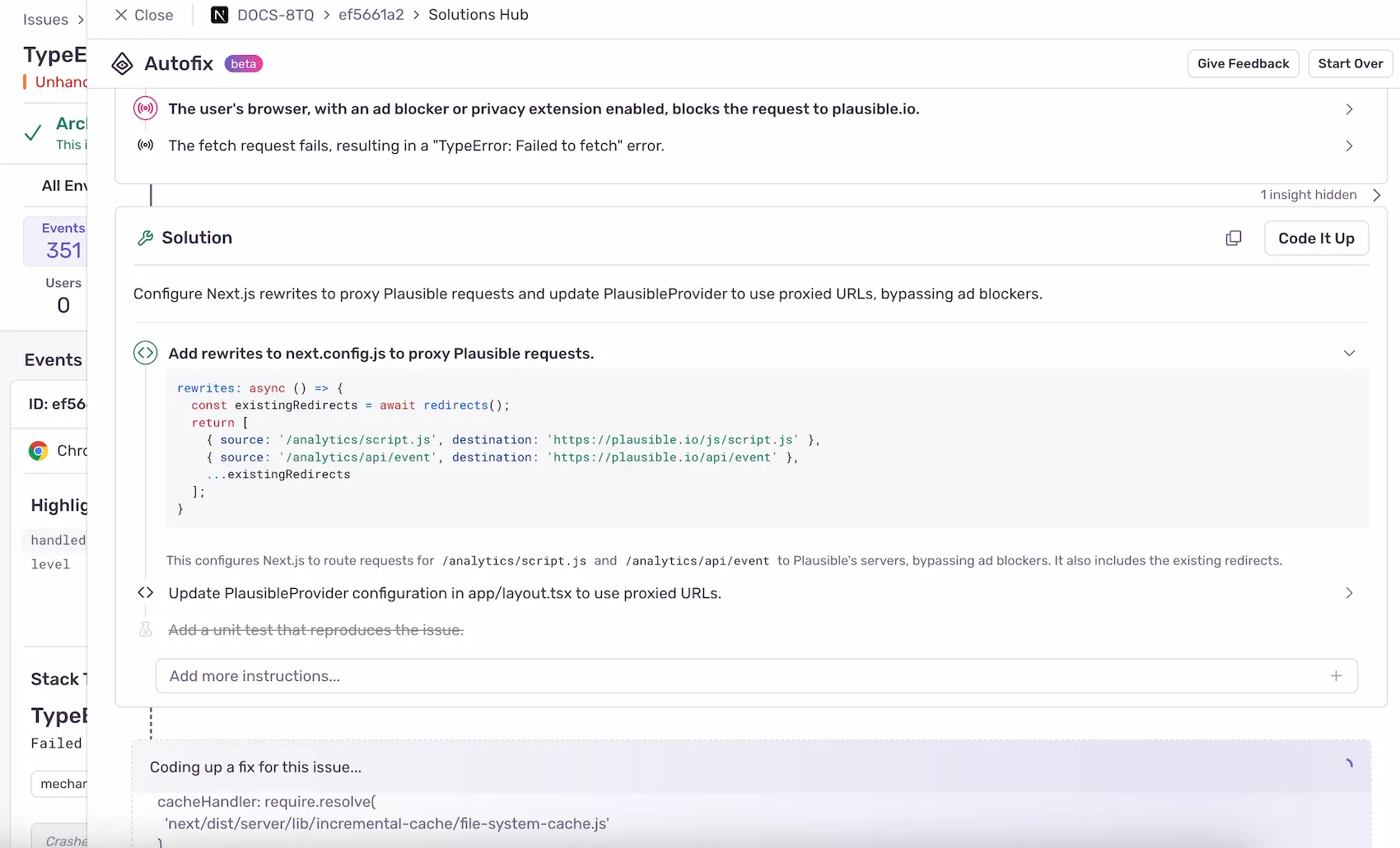 Screenshot of Autofix showing a solution and the updated "Code it up" button