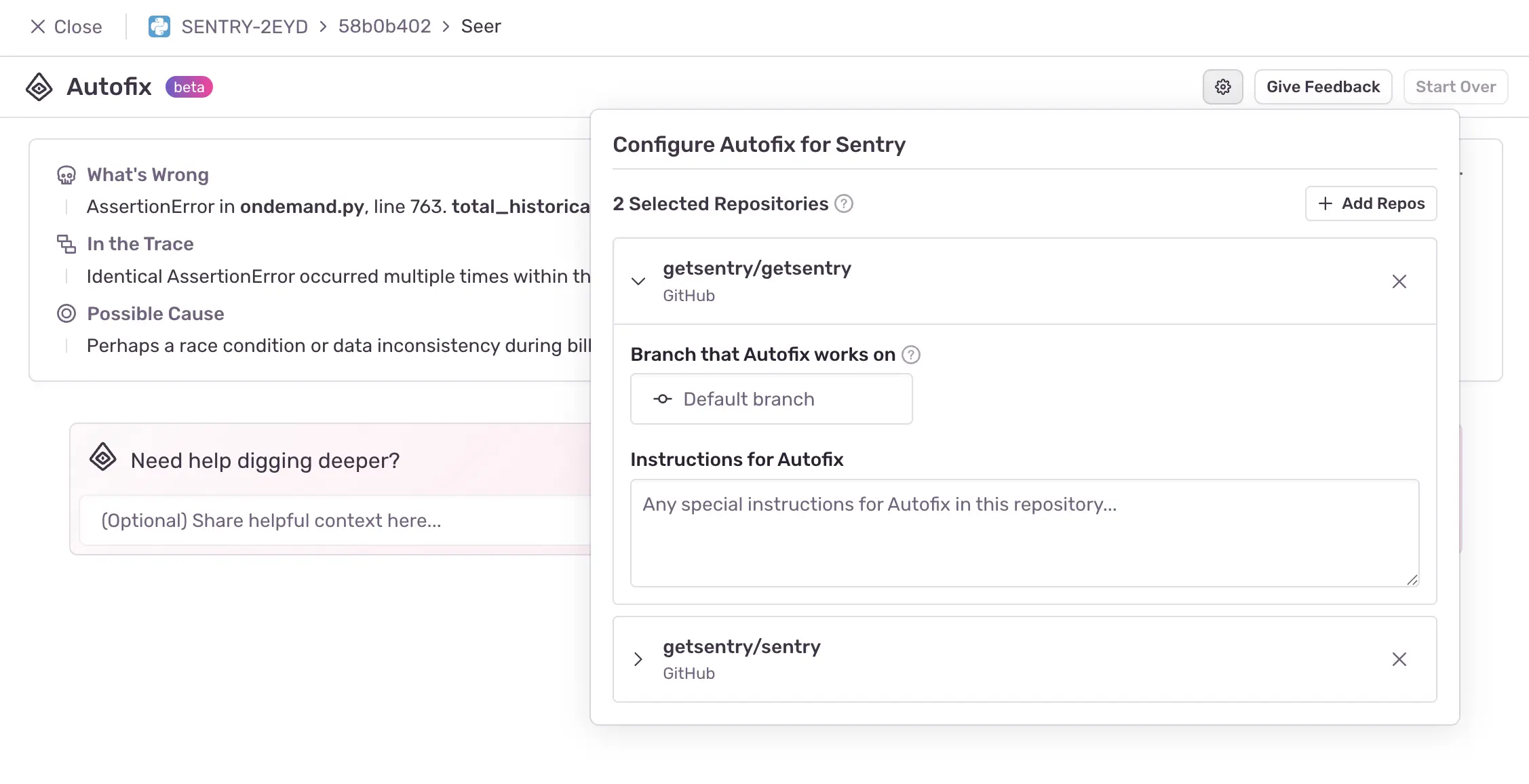 Screenshot of the new UI options for configuring what repositories are passed to Autofix as context