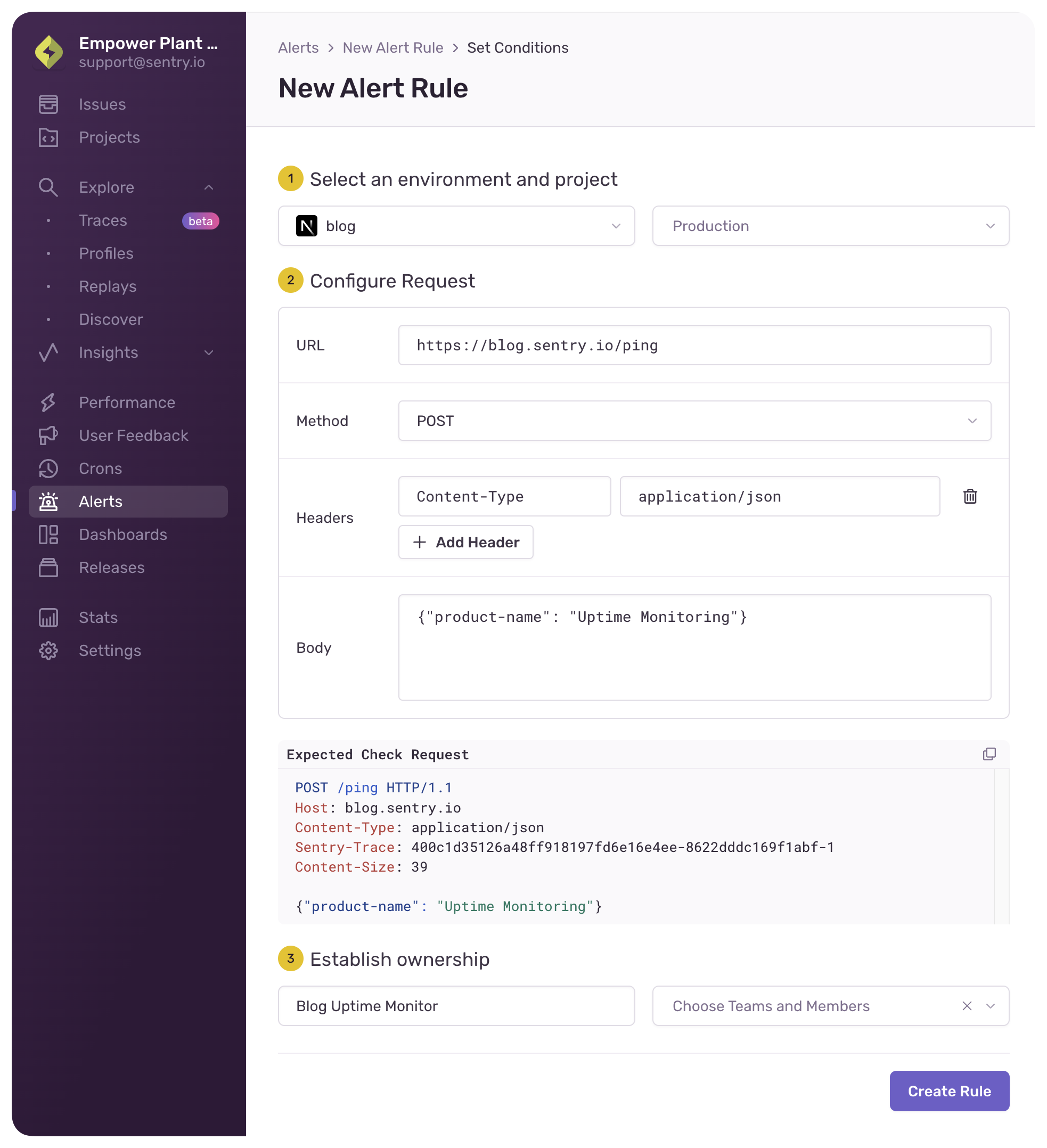 Create Uptime Monitoring alert form