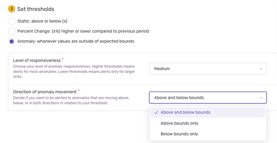 Screenshot of the Sentry configuration for new metric alerts, showing "Anomaly" as an option to enable