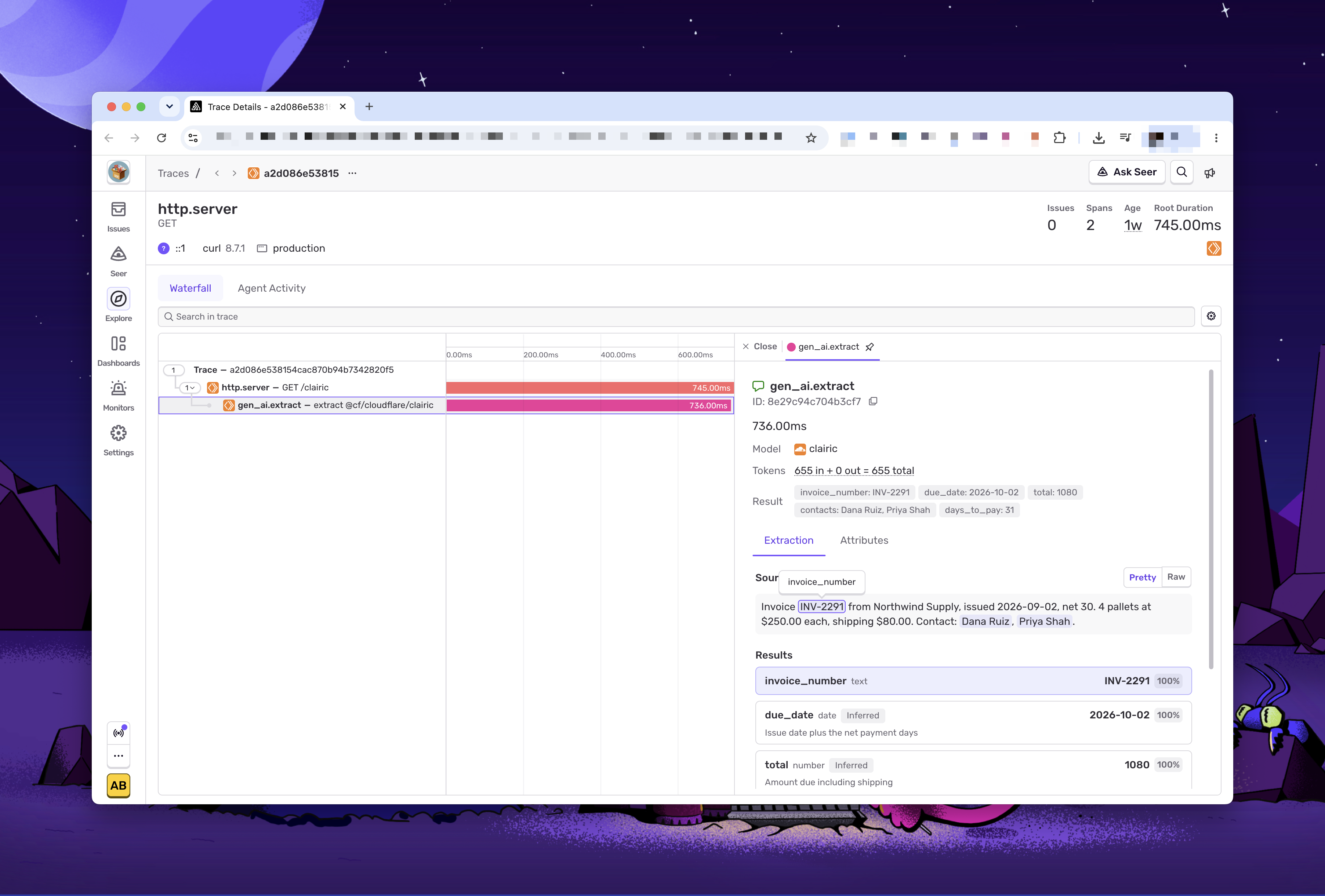 A gen_ai.extract span for Cloudflare Clairic in the Sentry trace view, with the source text and the extracted invoice fields